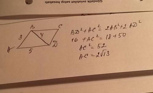 Стороны параллелограмма равны 3 и 5. одна из его диагоналей равна 4. найти вторую диагональ. заранее