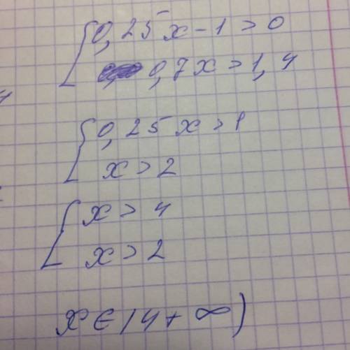 Решить систему неравенств 0,25х-1> 0 и 0,7х> 1,4.