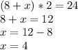 (8+x)*2=24 \\ 8+x=12 \\ x=12-8 \\ x=4