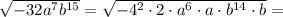 \sqrt{-32a^7b^{15}}=\sqrt{-4^2\cdot 2\cdot a^6\cdot a\cdot b^{14}\cdot b}=