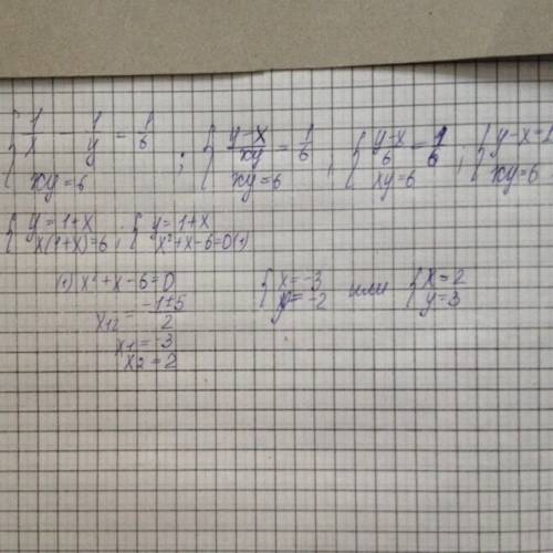 Решить систему уравнений 1/x -- 1/y=1/6 xy=6