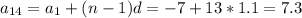 a_{14}=a_{1}+(n-1)d=-7+13*1.1=7.3