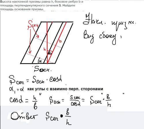 Высота наклонной призмы равна h, боковое ребро b и площадь перпендикулярного сечения s. найдите площ