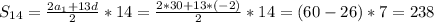 S_{14}= \frac{2a_1+13d}{2}*14= \frac{2*30+13*(-2)}{2}*14=(60-26)*7=238 &#10;