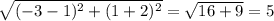 \sqrt{(-3-1)^2 +(1+2)^2}= \sqrt{16+9} =5