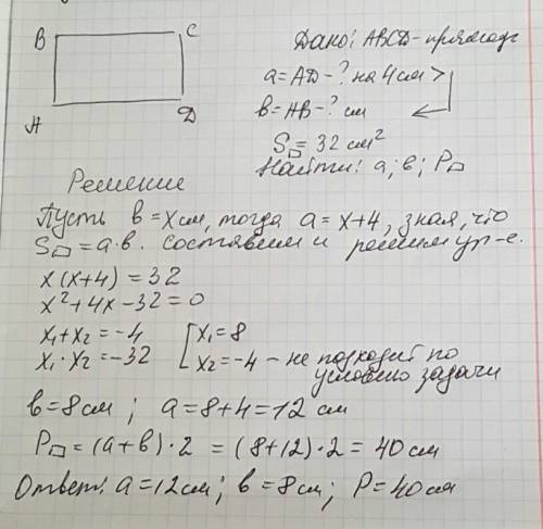 Площадь прямоугольника, одна из сторон которого на 4 см больше другой, равнв 32 см. найдите стороны