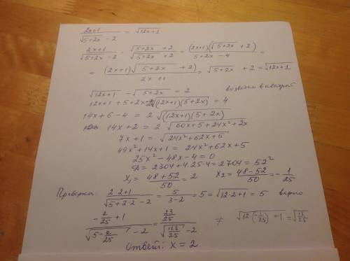 Решите, если нетрудно, не получается никак. 2x+1/(√5+2x) -2= √12x+1 ( 5+2x и 12x+1 под корнем полнос