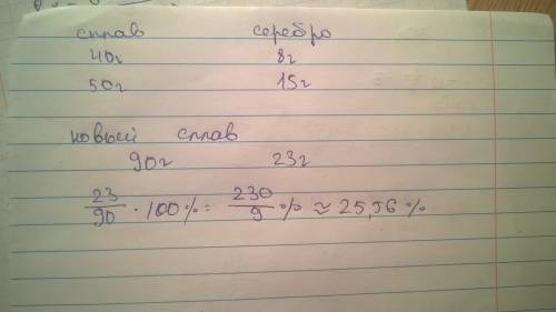 К40 г - 20% сплава серебра, добавили 50 г другого сплава где 30% серебра. какой % серебра в новом сп