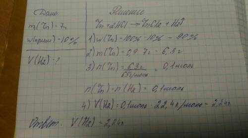 Технический цинк массой 7 г , содержащий 10% примесей растворили в соляной кислоте ,рассчитайте обье