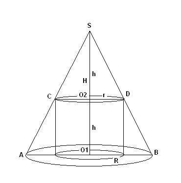 Вконус вписан цилиндр так что нижнее основание лежит на основании конуса, а окружность верхнего осно