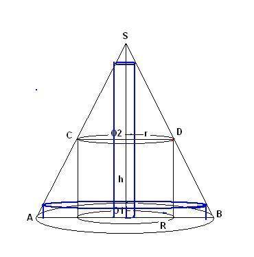 Вконус вписан цилиндр так что нижнее основание лежит на основании конуса, а окружность верхнего осно