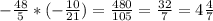 - \frac{48}{5} * (-\frac{10}{21}) = \frac{480}{105} = \frac{32}{7} =4 \frac{4}{7}