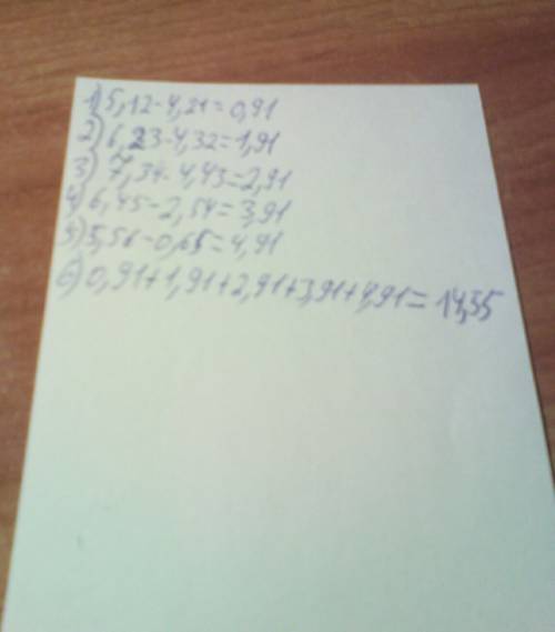 #1301 найдите сумму 1: (9-0,9)+(8-0,8)+(7-0,7)+(6-0,6)+(5-0,5)+(4-0,4)= 2: (5,12-4,21)+(6,23-4,32)+(