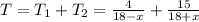 T = T_1 + T_2 = \frac{4}{18-x} + \frac{15}{18+x}