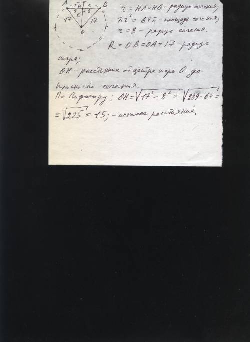 Площадь сечения шара плоскостью равна 64 п см^2 . радиус шара-17 см. вычислите расстояние от центра