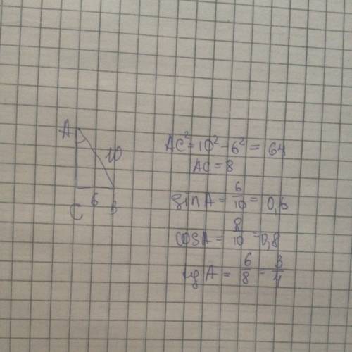 Дад треугольник авс с прямым углом с найди синус косинус и тангенс угла а если вс =6 ав=10
