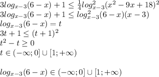 3log_{x-3}(6-x)+1\leq{1\over4}log^2_{x-3}(x^2-9x+18)^2\\3log_{x-3}(6-x)+1\leq log^2_{x-3}(6-x)(x-3)\\log_{x-3}(6-x)=t\\3t+1\leq(t+1)^2\\t^2-t\geq0\\t\in(-\infty;0]\cup[1;+\infty)\\\\log_{x-3}(6-x)\in(-\infty;0]\cup[1;+\infty)