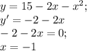 y=15-2x-x^{2} ;\\y' =-2-2x \\-2-2x=0;\\x=-1