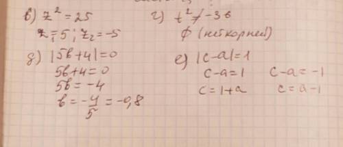 В) z во второй степени=25 г) t во второй степени= -36 д) ║5b+4║=0 е) ║c-a║=1 ║-модуль числа