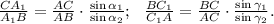 \frac{CA_1}{A_1B}=\frac{AC}{AB}\cdot \frac{\sin\alpha_1}{\sin \alpha_2}; \ \&#10;\frac{BC_1}{C_1A}=\frac{BC}{AC}\cdot \frac{\sin \gamma_1}{\sin \gamma_2}.