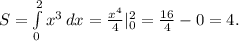 S= \int\limits^2_0 {x^3} \, dx = \frac{x^4}{4} |_0^2= \frac{16}{4}-0=4.