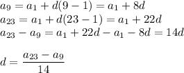 a_9 = a_1 + d(9 - 1) = a_1 + 8d \\ a_{23} = a_1 + d(23 - 1) = a_1 + 22d \\ a_{23} - a_9 = a_1 + 22d - a_1 - 8d = 14d \\ \\ d = \dfrac{a_{23} - a_9}{14}