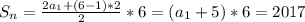 S_{n}= \frac{2 a_{1}+(6-1)*2}{2}*6=( a_{1} +5)*6=2017