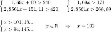 \displaystyle\left \{ {{1,69x+69240} \atop {2,8561x + 151,11420}} \right. ~~~\left \{ {{1,69x171} \atop {2,8561x268,89}} \right. \\\\\\\left \{ {{x101,18...} \atop {x94,145...}} \right.~~~~~~x\in \mathbb N~~~\Rightarrow~~~x=102