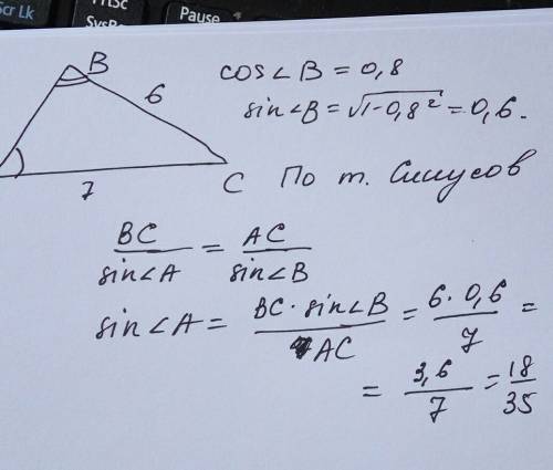 Дан треугольник abc ac=7 bc=6 cosb=0,8 найти sina