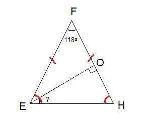 Вравнобедренном треугольнике efh угол f равен 118 градусов высота этого треугольника найти угол oeh