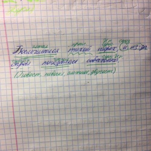 Послышался тихий шорох, и из-за сарая показалась собачонка. разбор предложения（морфологический, синт