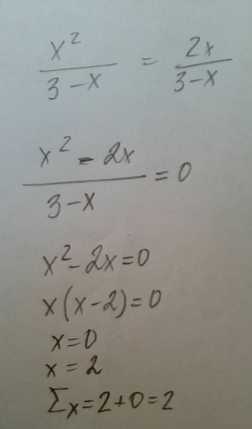 Сумма корней уравнения х^2/3-х=2х/3-х