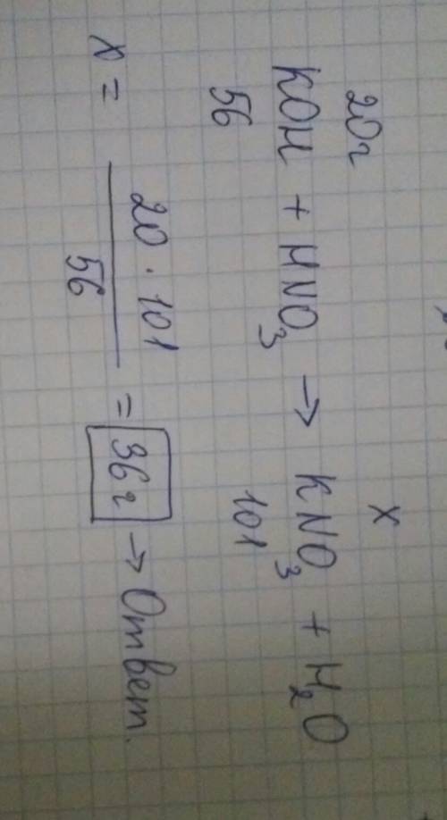 Гидроксид калия массой 20 грамм обработали азотной кислотой. найдите массу полученной соли.