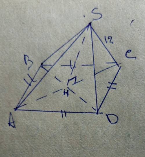 Найти объем правильной четырехугольной пирамиды если площадь основания 64 дм^2 а боковое ребро 12 дм