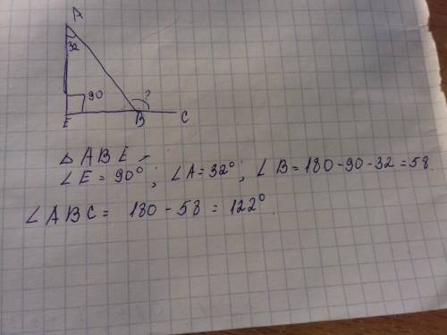 Втреугольнике abe угол e-прямой, угол a=32 градуса.найдите внешний угол при вершине b