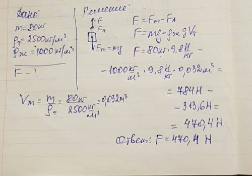 Какую силу надо предложить , чтобы поднять под водой камень массой 80 кг , плотность камня ри=2500 к