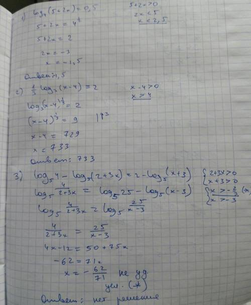 1)log4 (5+2x)=0,5 2)1/3*log3 (x-4)=2 8)log5 4-log5 (2+3x)=2-log5(x+3)