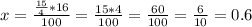 x= \frac{ \frac{15}{4}*16 }{100} = \frac{15*4}{100} = \frac{60}{100} = \frac{6}{10} =0.6