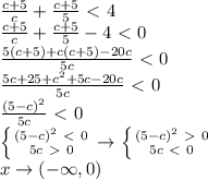 \frac{c+5}{c} + \frac{c+5}{5} \ \textless \ 4 \\&#10; \frac{c+5}{c} + \frac{c+5}{5} - 4 \ \textless \ 0 \\&#10; \frac{5(c+5)+c(c+5)-20c}{5c} \ \textless \ 0 \\&#10; \frac{5c+25+c^2+5c-20c}{5c} \ \textless \ 0 \\&#10; \frac{(5-c)^2}{5c} \ \textless \ 0 \\&#10; \left \{ {{(5-c)^2 \ \textless \ 0} \atop {5c\ \textgreater \ 0}} \right. \to \left \{ {{(5-c)^2 \ \textgreater \ 0} \atop {5c\ \textless \ 0}} \right. \\&#10;x \to (-\infty, 0)&#10;