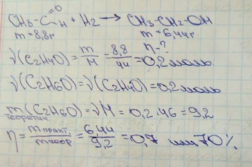 При взаимодействии этаналя массой 8,8 с водородом получен этанол массой 6,44.определите практический