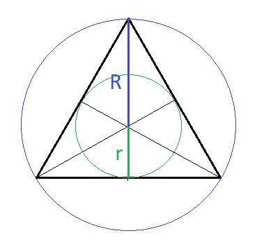 Найти радиус окружности вписанной в правильный треугольник, если радиус описанной около него окружно