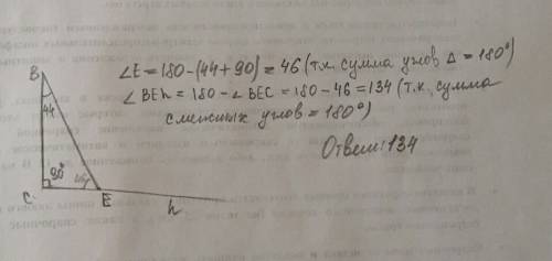 Втреугольнике все угол с-прямой,угол в=44°.найти внешний угол при вершине е.