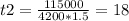 t2= \frac{115000}{4200*1.5} =18