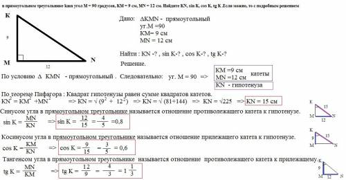 Впрямоугольном треугольнике kmn угол m = 90 градусов, km = 9 см, mn = 12 см. найдите kn, sin k, cos