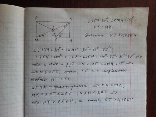 На відрізках мн і мк у прямокутнику мркн взято точки е і т відповідно кут кен=30 етперпендикулярне м