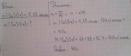 Какая масса 0,25 моль сульфата меди 2 cuso4