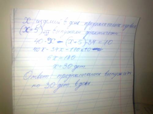 Фабрика предполагала выпустить партию изделий за 40 дней,однако она выпускала ежедневно на 5 деталей