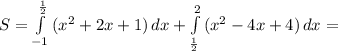 S= \int\limits^{ \frac{1}{2} }_{-1} {(x^2+2x+1)} \, dx + \int\limits^2_{ \frac{1}{2} } {(x^2-4x+4)} \, dx =