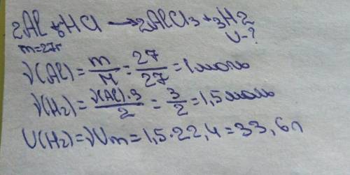 Сколько литров водорода образуется при взаимодействии 27 грамм алюминия с соляной кислотой