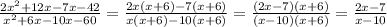 \frac{2x^2+12x-7x-42}{x^2+6x-10x-60}= \frac{2x(x+6)-7(x+6)}{x(x+6)-10(x+6)}= \frac{(2x-7)(x+6)}{(x-10)(x+6)}= \frac{2x-7}{x-10}